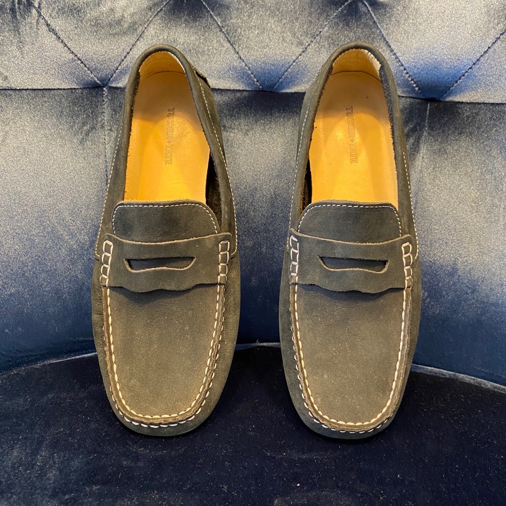 Navy blue loafers.